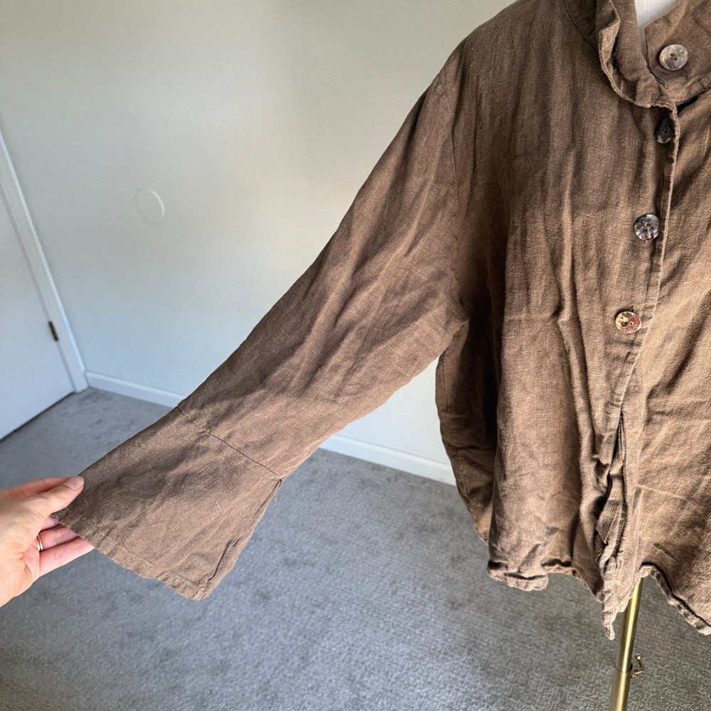 Bryn Walker Linen Button Down Jacket Unique Collar Oversized Brown Top - Picture 5 of 11
